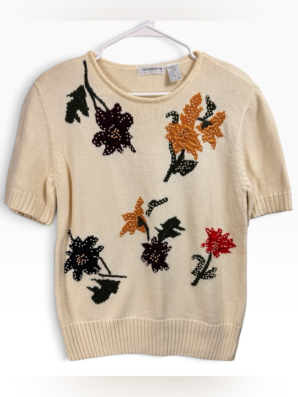 Vintage Liz Claiborne Collection Size Medium Cotton Short Sleeve Floral Sweater